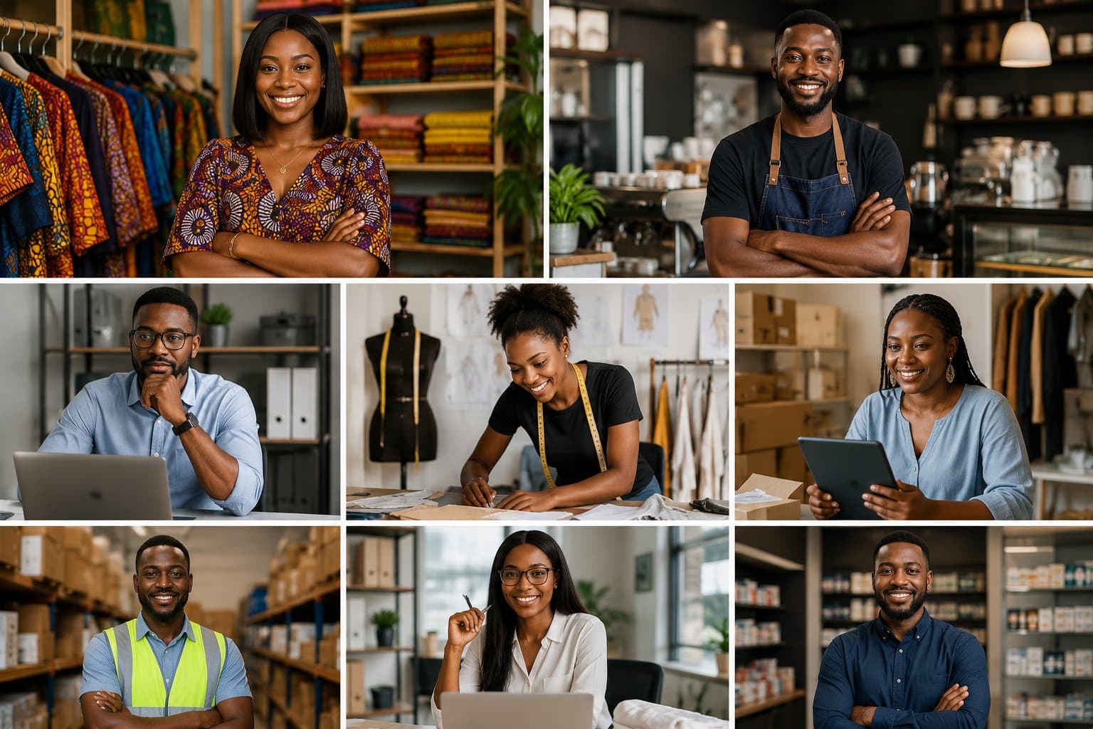 Nigerian fashion designer creating Instagram content for her tailoring business in her workshop